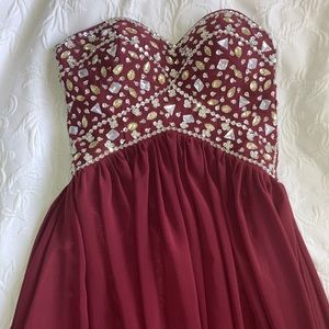 Wine Red Full Length Bejeweled Dress
